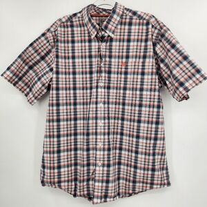 Cinch Short Sleeve Button Front Shirt Mens Size Large Teal Coral Plaid